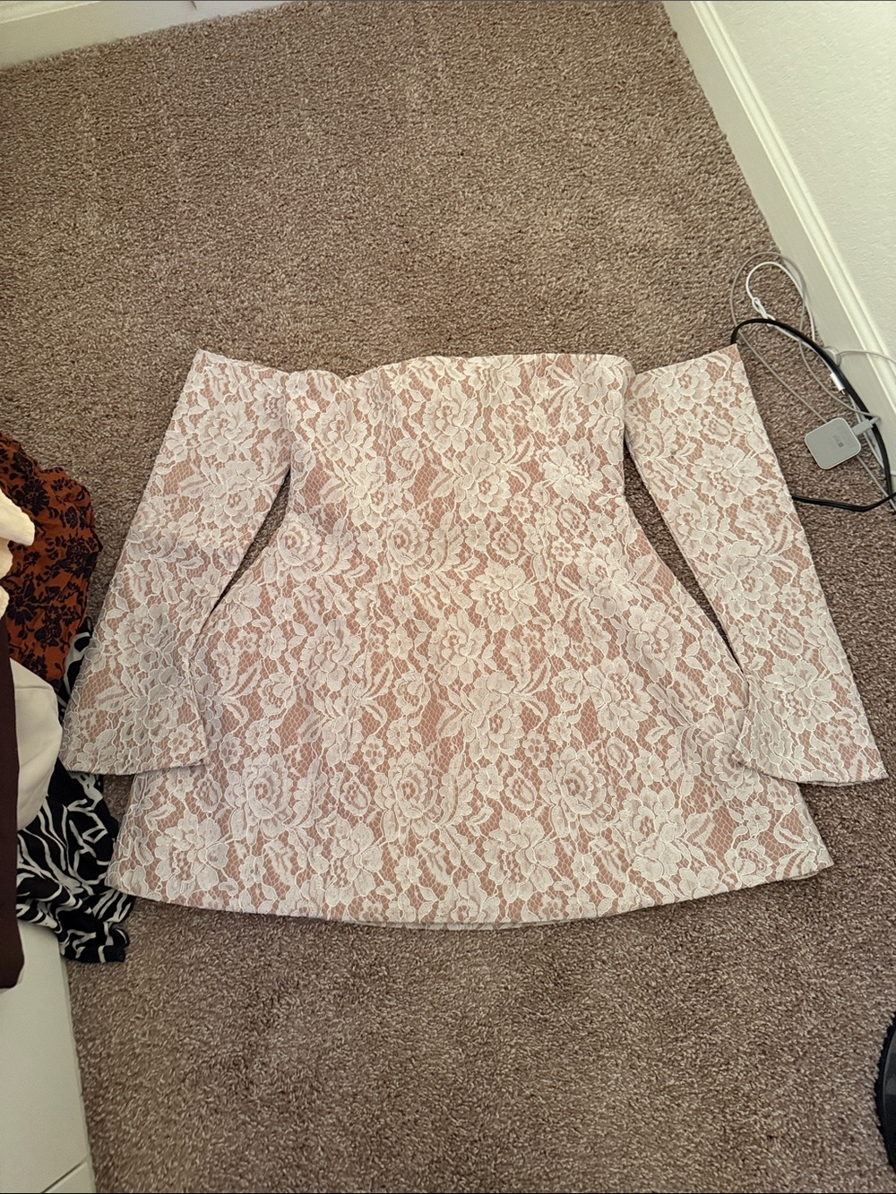 Babyboo Off-Shoulder Lace Mini Dress in Blush